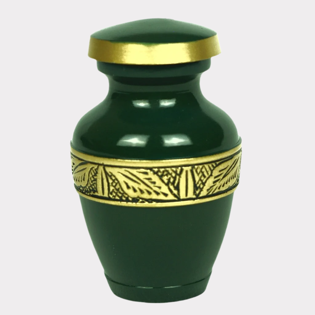 Green keepsake urn with gold leaf details