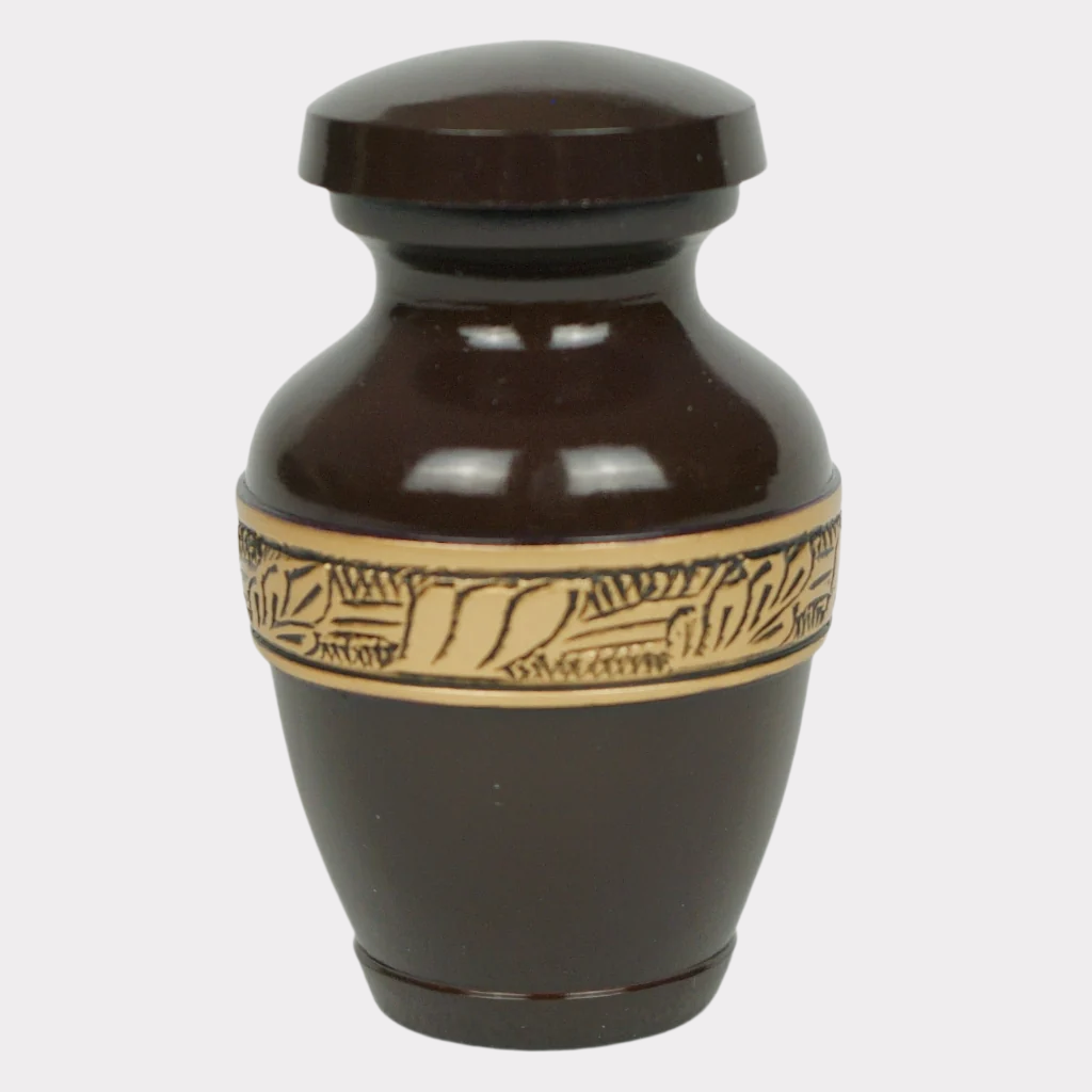 Brown keepsake urn with gold leaf detailed band