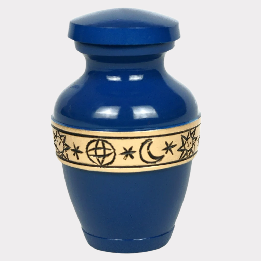 Blue keepsake urn with gold sun and moon details