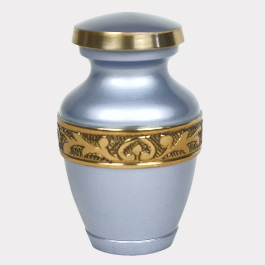 Silver bluish keepsake urn with gold leaf details