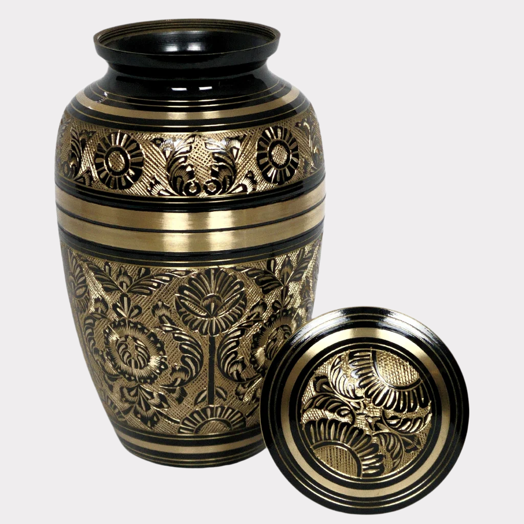 brass urn with flower and nature details