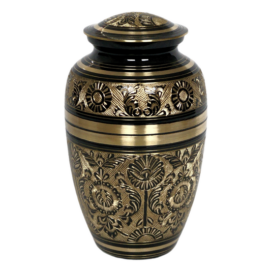 brass urn with flower and nature details