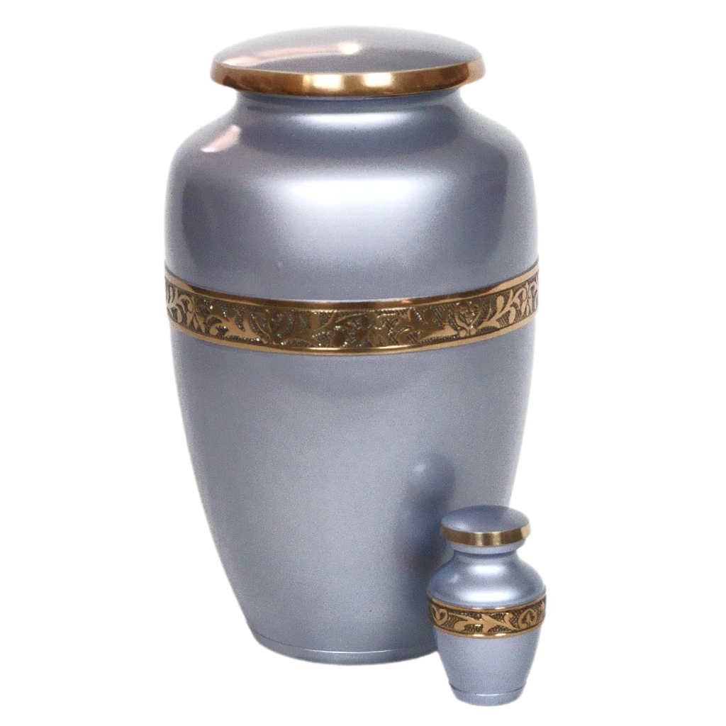 Silver bluish keepsake urn with gold leaf details next to matching full size urn