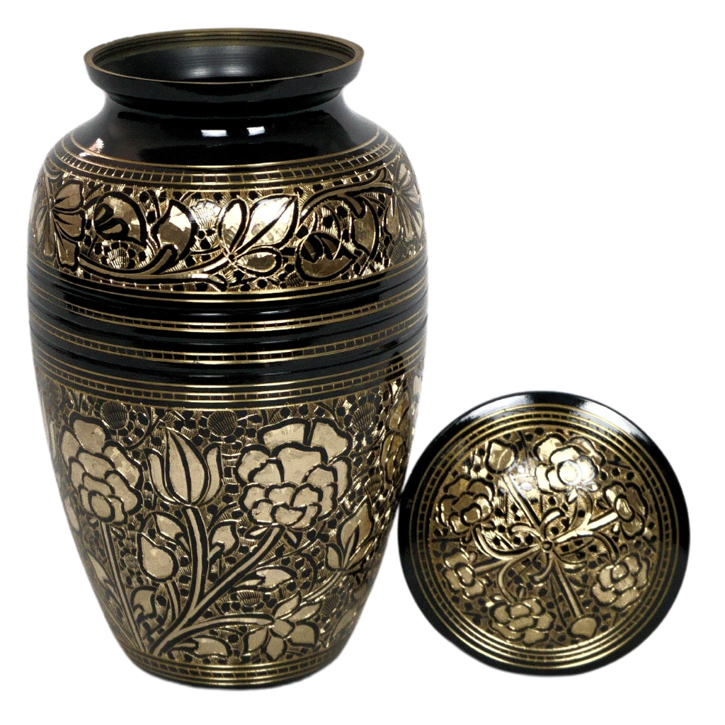 brass urn with flower patterns