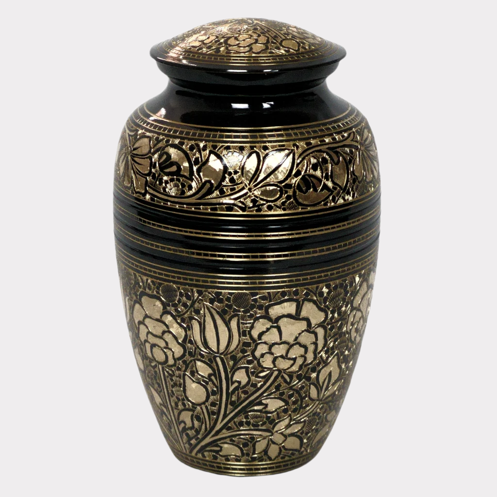 brass urn with flower patterns