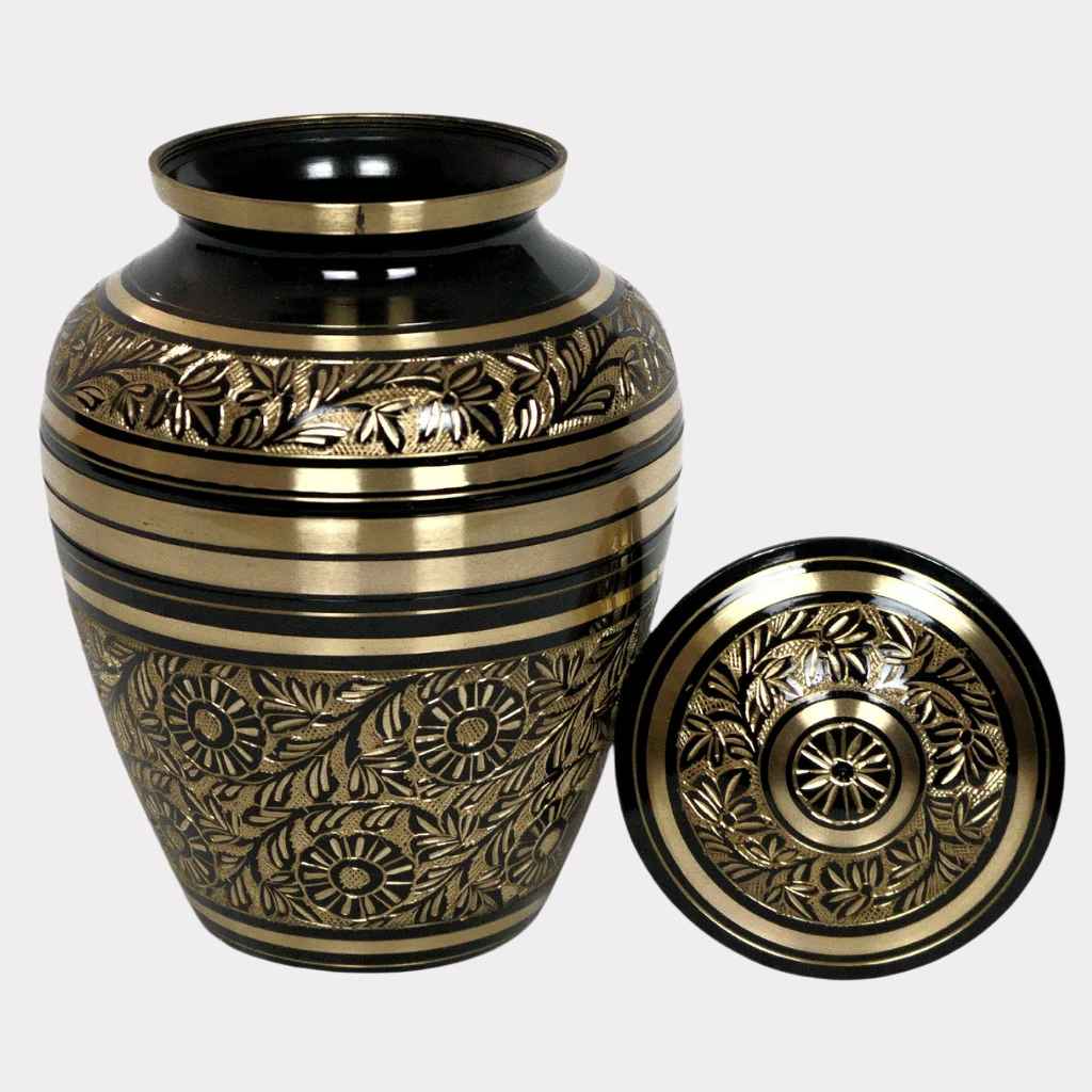 brass urn with floral and nature patterns