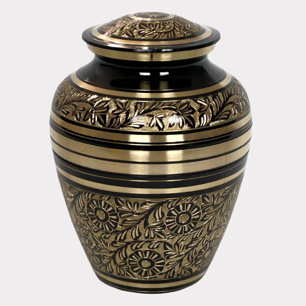 brass urn with floral and nature patterns